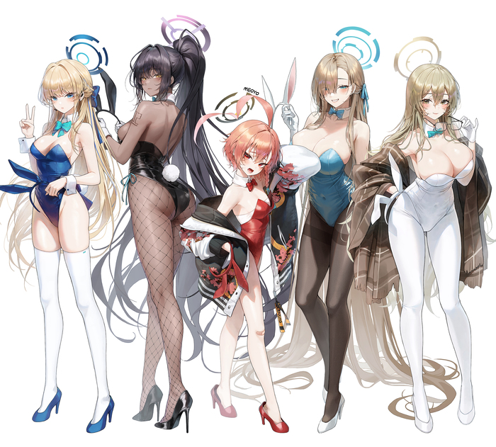 Bunnies assembled - NSFW, Anime, Anime art, Art, Blue archive, Asuma Toki, Mikamo Neru, Ichinose asuna, Murokasa Akane, Bunnysuit, Booty, Stockings, Boobs, Hand-drawn erotica, Erotic, Kakudate karin