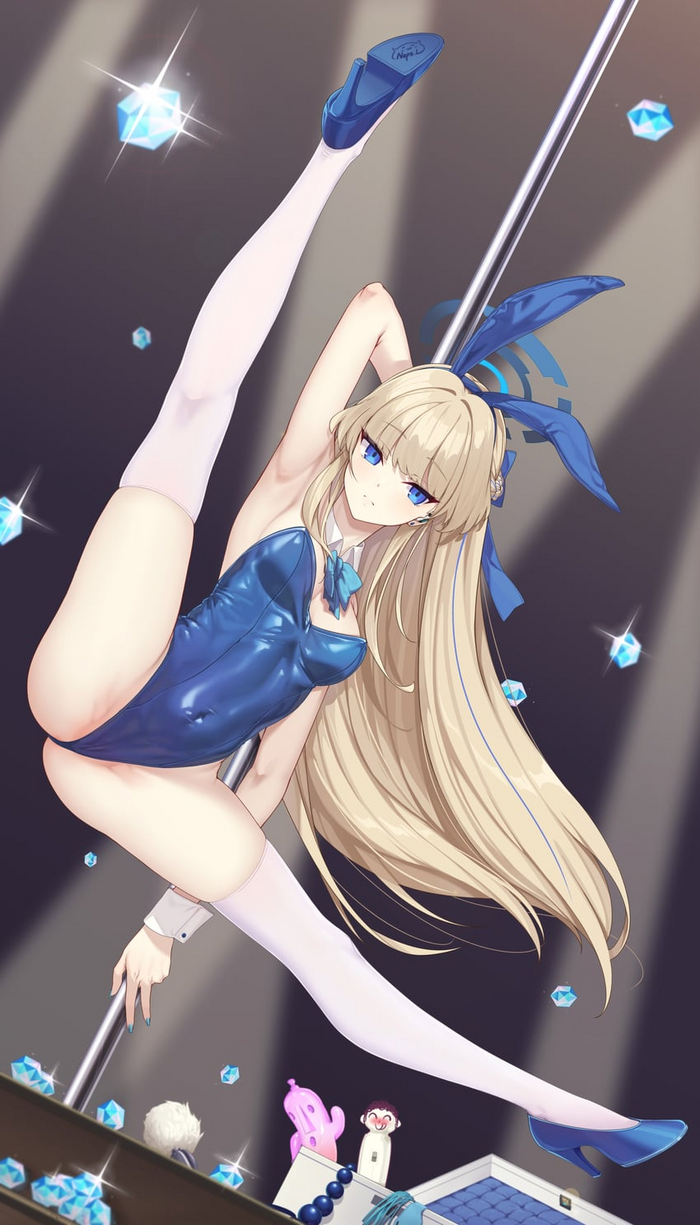 Khoba on a pylon - NSFW, Anime, Anime art, Blue archive, Asuma Toki, Bunnysuit, Stockings, High heels, Hoba, Bunny ears