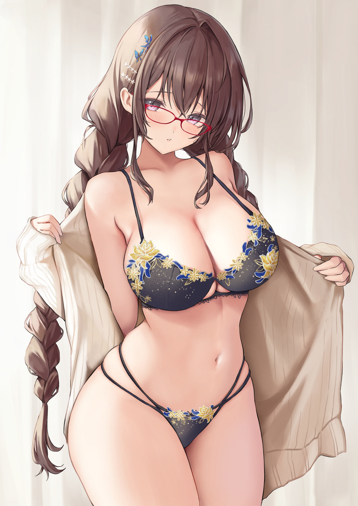 Continuation of the post Cutie with glasses - NSFW, Art, Anime, Anime art, Hand-drawn erotica, Erotic, Megane, Underwear, Tights, Reply to post, Original character, Huziko32, Glasses