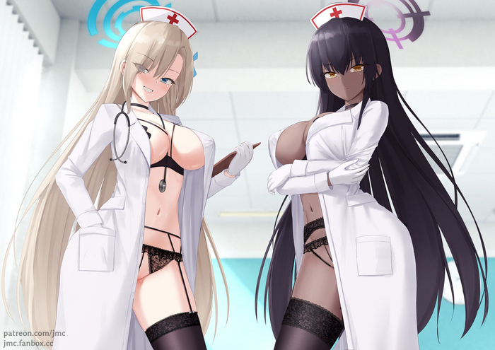 It's time for intensive therapy - NSFW, Anime, Anime art, Blue archive, Ichinose asuna, Nurses, Stockings, Kakudate karin