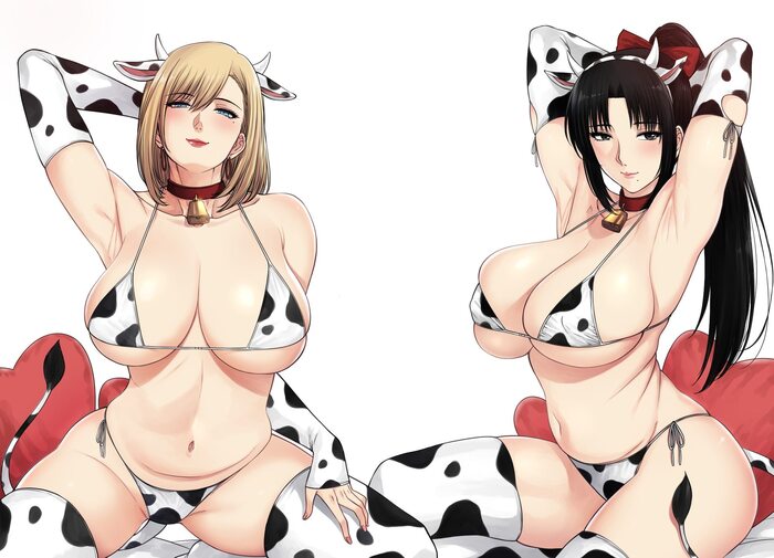 Ara-ara milk - NSFW, Xtermination, Art, Anime, Anime art, Erotic, Girl with Horns, Cowsuit, MILF, Swimsuit, Tail, Animal ears, Hand-drawn erotica