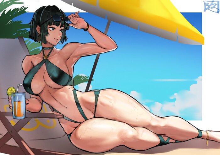 On the beach - NSFW, Juaagacgy, Art, Anime, Anime art, Onepunchman, Fubuki, Swimsuit, Hand-drawn erotica