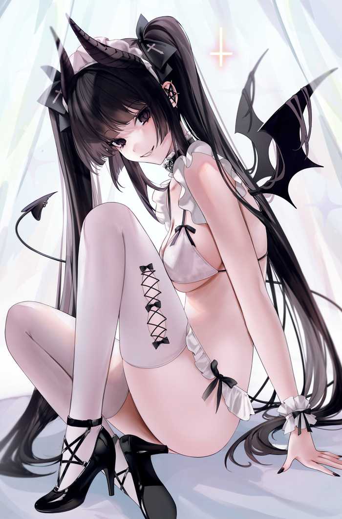 Demon girl - NSFW, Anime, Anime art, Art, Original character, Demoness, Girl with Horns, Swimsuit, Stockings, Erotic, Hand-drawn erotica