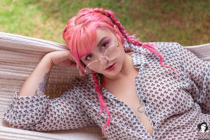 Chubby with unusual hair color - NSFW, Fullness, Thick Thighs, Erotic, No panties, Boobs, Girl in glasses, Pubes, Girl with tattoo, Piercing, Booty, Longpost