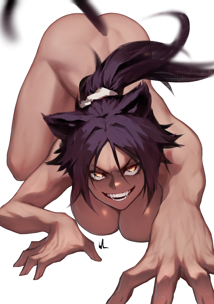 dangerous kitty - NSFW, Bluecup, Art, Anime, Anime art, Hand-drawn erotica, Erotic, Bleach, Shihouin Yoruichi, Animal ears, Tail