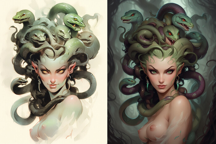 Original Vs Neuroart - NSFW, My, Neural network art, Stable diffusion, Medusa Gorgon, Boobs