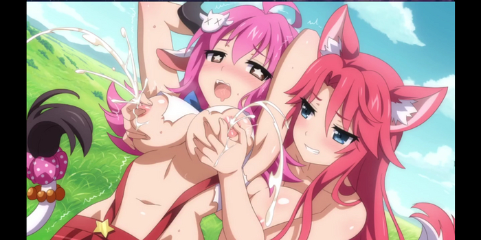 The milk factory was caught in a clearing - NSFW, Boobs, Neko, Cow, Fox, Hentai, Anime art, Girl with Horns, Ears, Milk, Softness