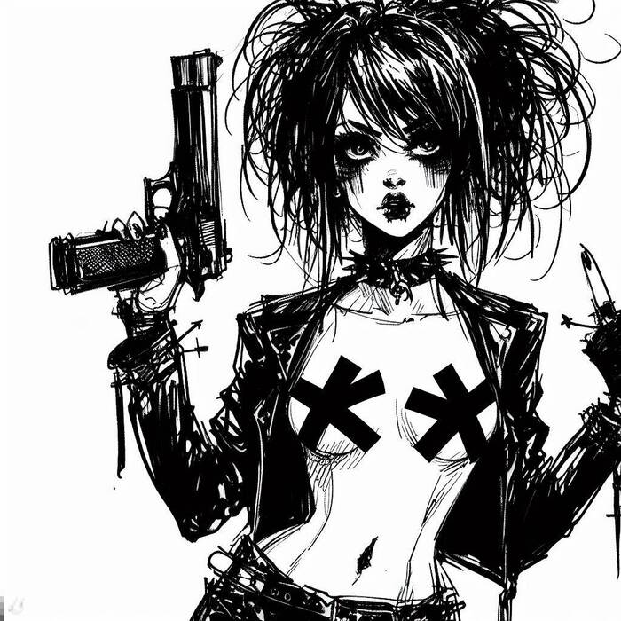 Gun - NSFW, My, Neural network art, Нейронные сети, Art, Girls, Erotic, Boobs, Pistols, Weapon, Punk rock, Sketch, Dall-e, Longpost