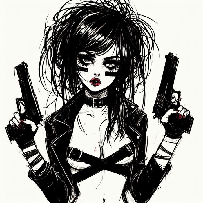 Gun - NSFW, My, Neural network art, Нейронные сети, Art, Girls, Erotic, Boobs, Pistols, Weapon, Punk rock, Sketch, Dall-e, Longpost