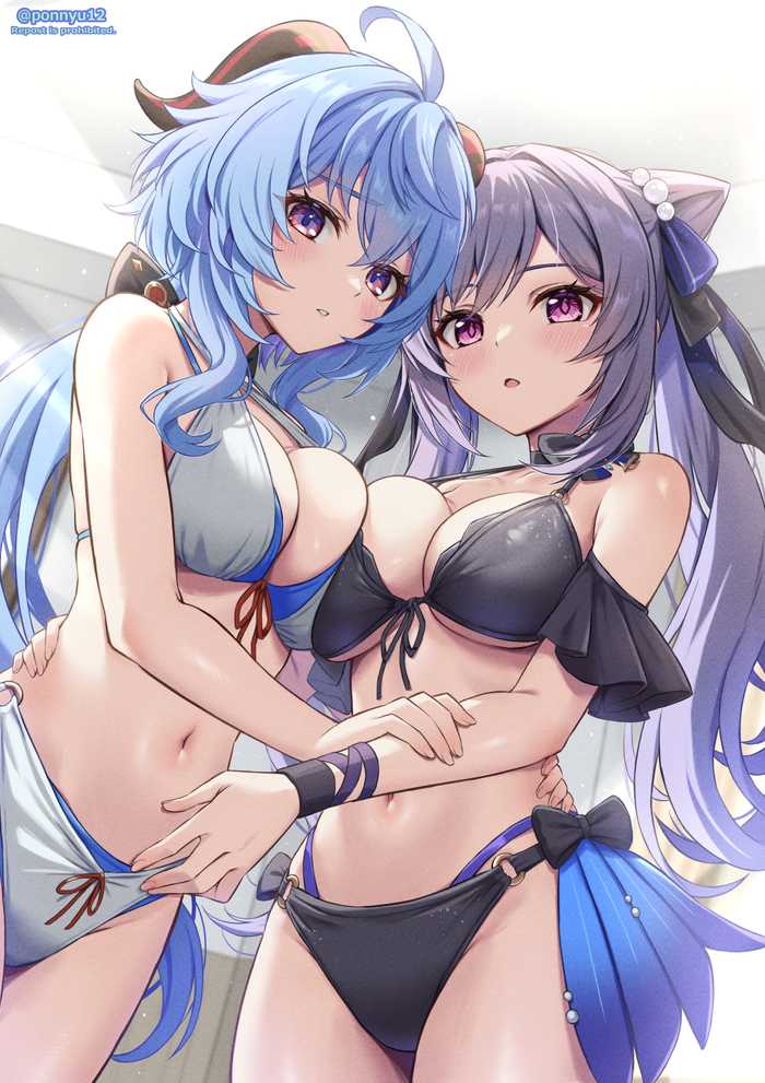 Girlfriends ) - NSFW, Anime art, Anime, Girls, Art, Hand-drawn erotica, Girl with Horns, Bikini, Genshin impact, Ganyu (Genshin Impact), Keqing (Genshin Impact)