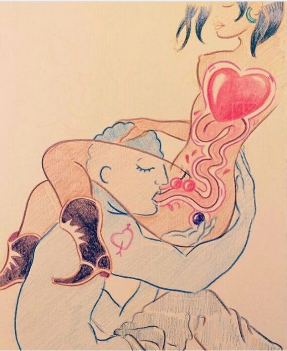 The way to a woman's heart is through... - NSFW, Art, Erotic, Hand-drawn erotica, Cunnilingus, Heart