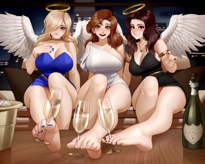 A toast to you, people of high culture! - NSFW, Kairunoburogu, Art, Anime, Anime art, Hand-drawn erotica, Erotic, Angel, Original character, Foot fetish, Twitter (link)