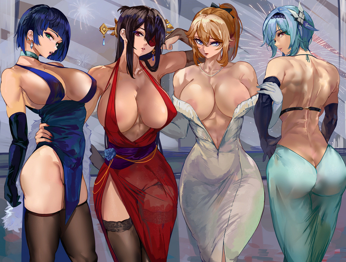 Moms - NSFW, Anime art, Games, Art, Genshin impact, Yelan (Genshin Impact), Beidou, Jean (Genshin Impact), Eula (Genshin Impact), Loooyd