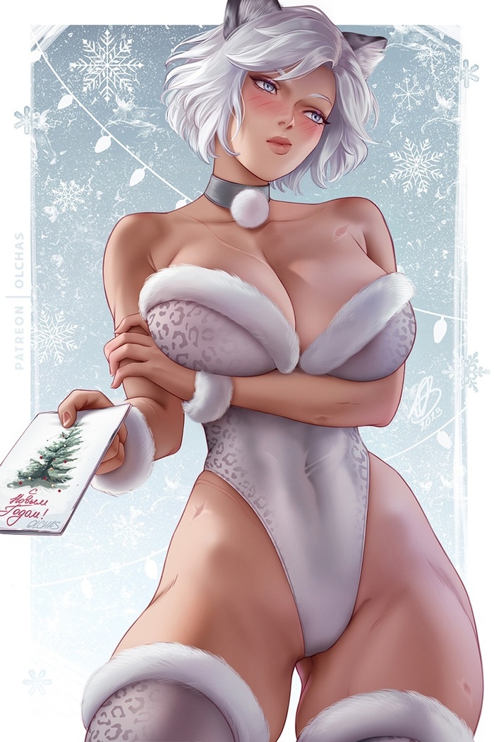 Here, this is for you... - NSFW, Drawing, Girls, Neko, Animal ears, Original character, New Year, Holidays, Erotic, Hand-drawn erotica, Olchas, Art
