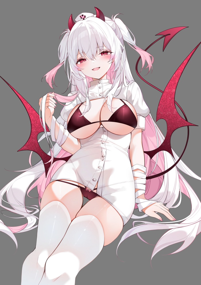 Demon nurse - NSFW, Anime, Art, Anime art, Original character, Yukineko1018, Girl with Horns, Demoness, Nurses, Boobs, Stockings, Underwear, Pantsu, Erotic, Hand-drawn erotica, Longpost