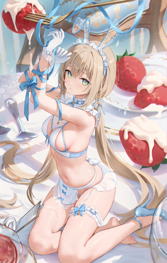 Dessert ) - NSFW, Erotic, Boobs, Anime art, Girls, Hand-drawn erotica, Anime, Choker, Hips, Art, Housemaid, Pantsu, Bunnysuit