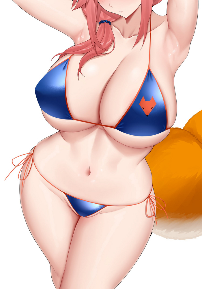 Tamamo no Mae - NSFW, Аниме, Anime Art, Tamamo no Mae, Fate, Купальник, Twitter (ссылка), Сиськи, Попа, Живот, Пупок, Длиннопост, Animal Ears