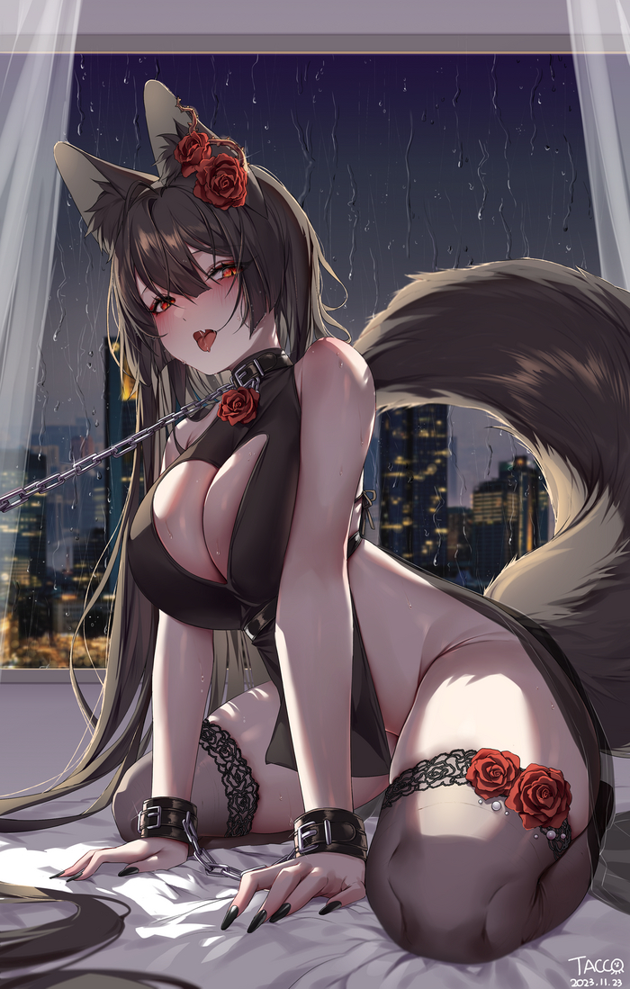 Chanterelle - NSFW, Anime, Anime art, Boobs, Choker, Swimsuit, Navel, Original character, Red eyes, Stockings, Longpost