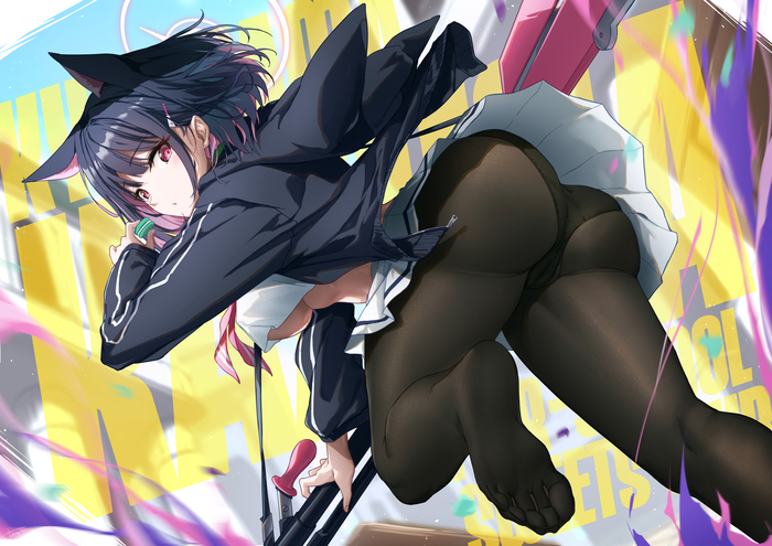 Feline fart - NSFW, Anime, Anime art, Blue archive, Booty, Pantsu, Tights, Kyouyama Kazusa, Heels, Animal ears