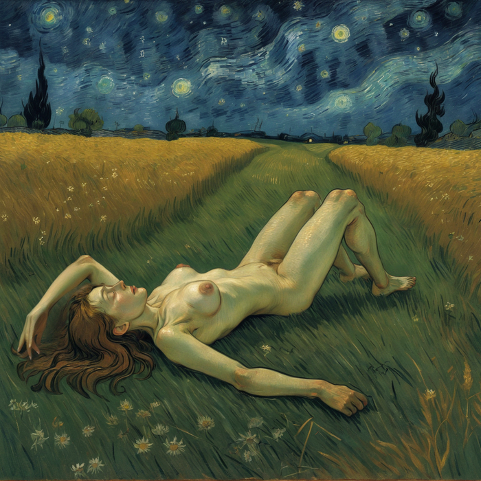 Night sky - NSFW, My, Erotic, Neural network art, Stable diffusion, Art, Boobs, van Gogh, Sky, Field, Night