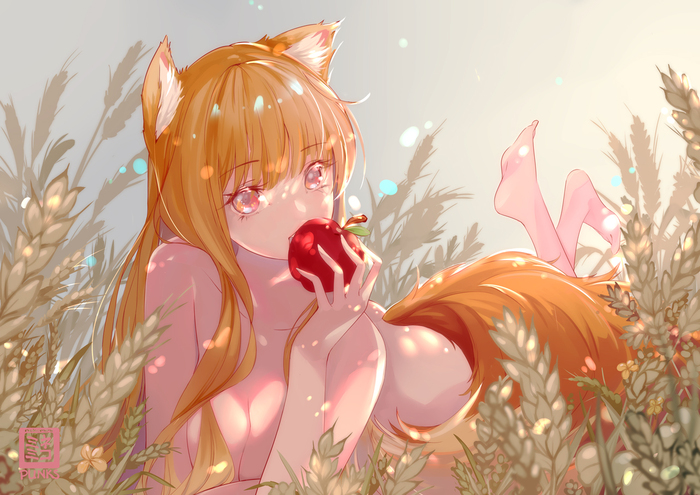 Holo - NSFW, Anime art, Anime, Holo, Spice and wolf, Animal ears, Dobutsu, Wheat, Apples