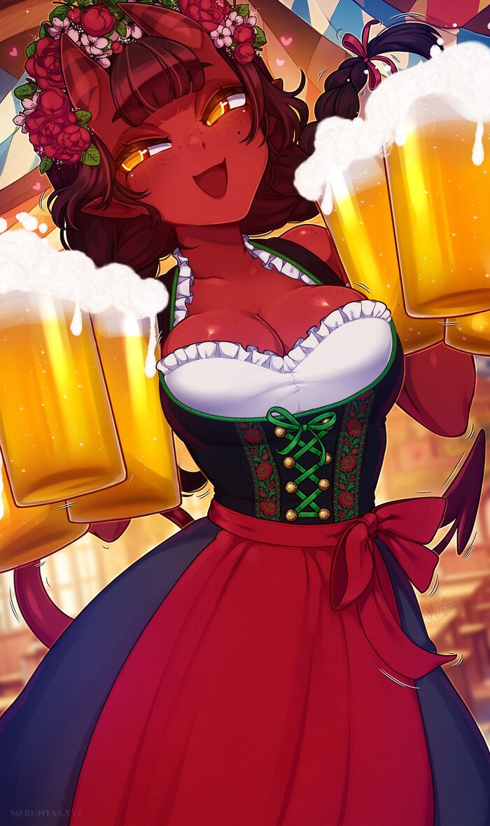 Meru and Oktoberfest - NSFW, Girls, Oktoberfest, Art, Hand-drawn erotica, Merunyaa, Boobs, Demoness, Erotic, Longpost