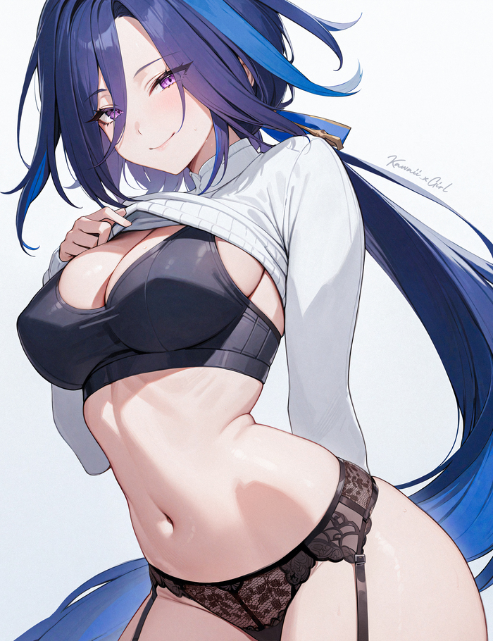 Acheron - NSFW, Anime art, Anime, Acheron (Honkai: Star Rail), Honkai: Star Rail, Underwear, Clorinde (Genshin Impact), Genshin impact