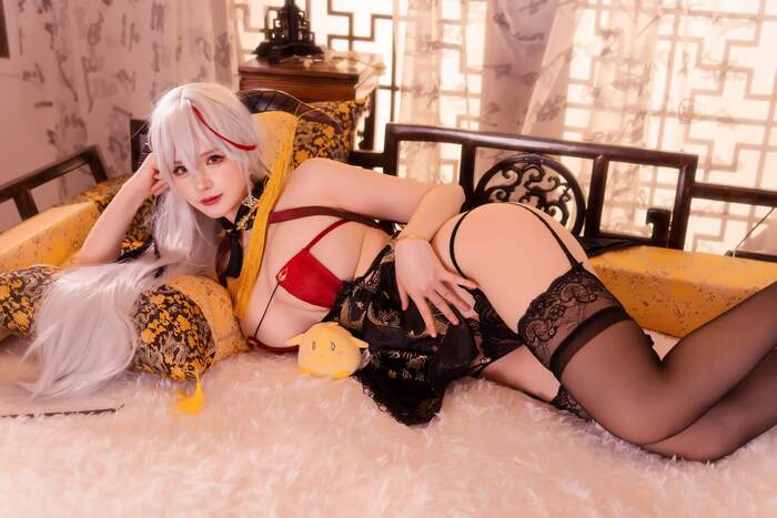 Just look at this Manju - NSFW, Anime, Anime art, Boobs, Azur lane, Aegir, Manjuu, Stockings, Suspenders, Cosplay, Pantsu, Booty, Girl with Horns, Longpost