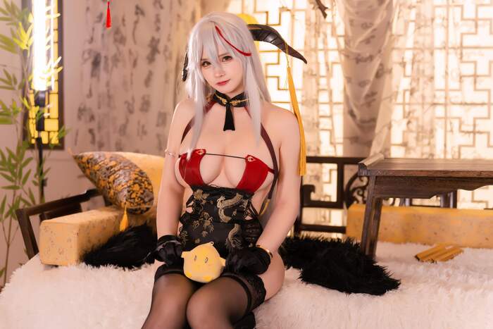 Just look at this Manju - NSFW, Anime, Anime art, Boobs, Azur lane, Aegir, Manjuu, Stockings, Suspenders, Cosplay, Pantsu, Booty, Girl with Horns, Longpost