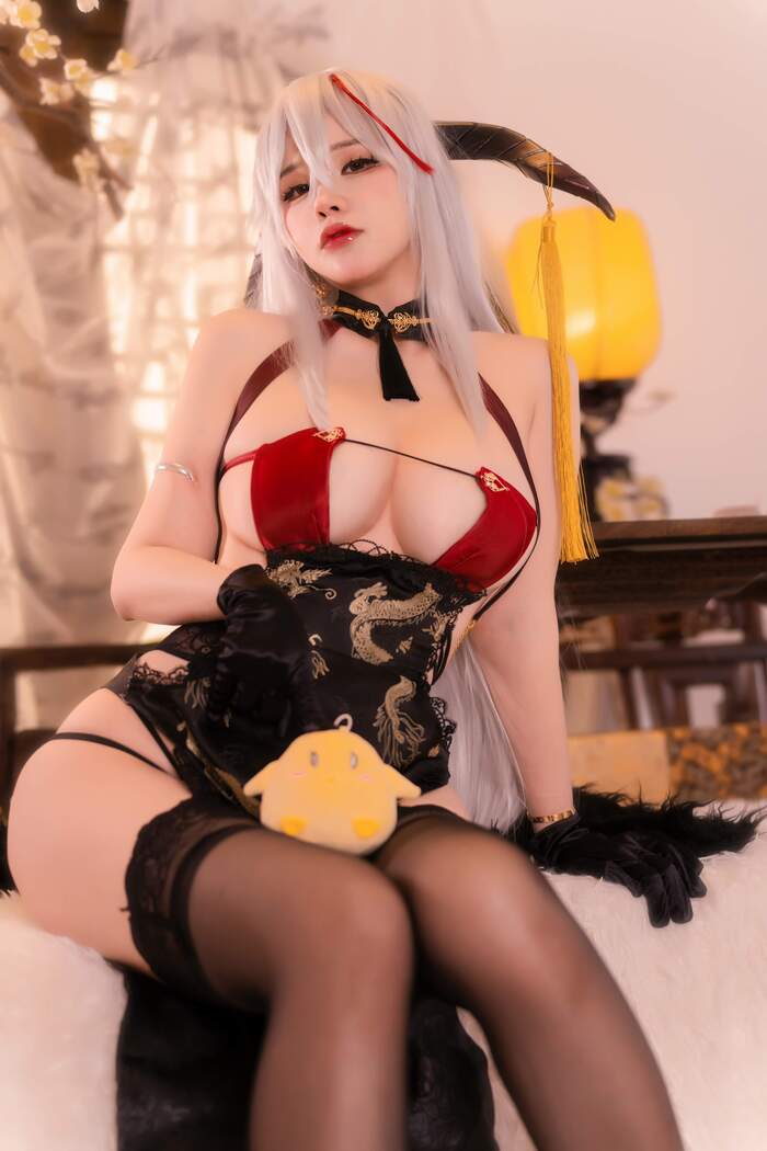 Just look at this Manju - NSFW, Anime, Anime art, Boobs, Azur lane, Aegir, Manjuu, Stockings, Suspenders, Cosplay, Pantsu, Booty, Girl with Horns, Longpost