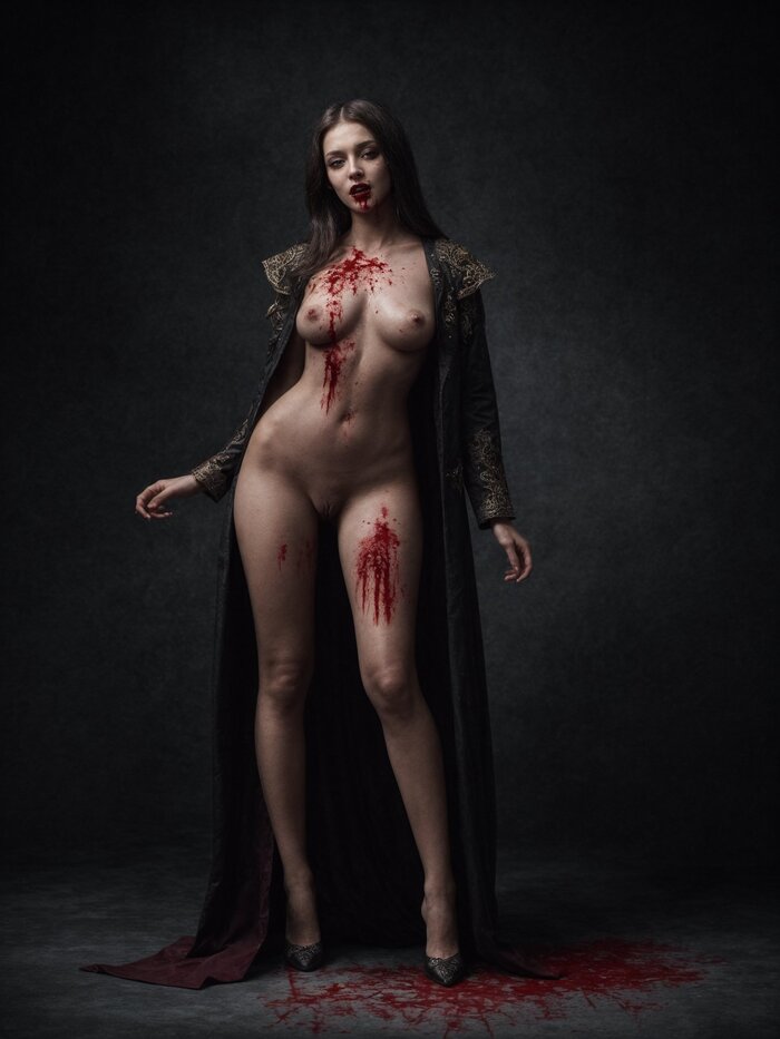 Vampire - NSFW, My, Erotic, Boobs, Vampires, Blood, Professional shooting, Art, Neural network art, Stable diffusion, Neckline, Labia, Topless