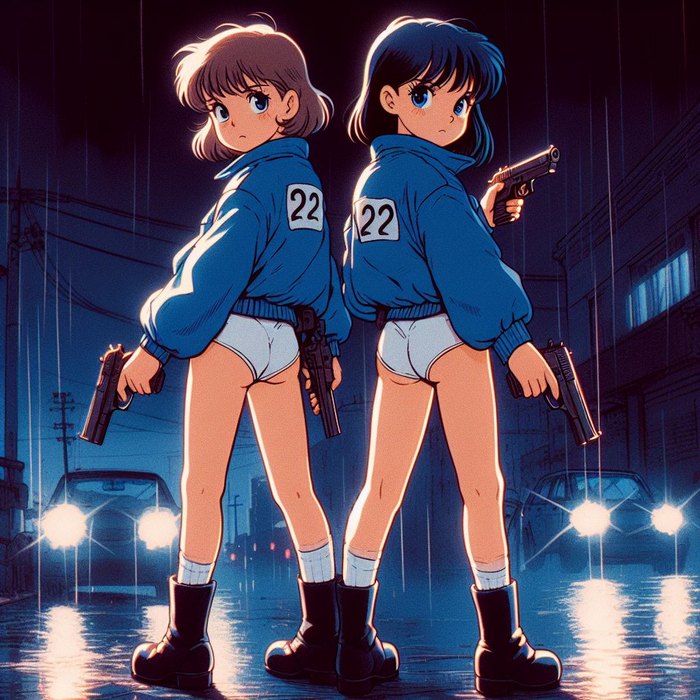 80's style - NSFW, Anime art, Anime, Pantsu, Pistols, Police, Rain, Neural network art