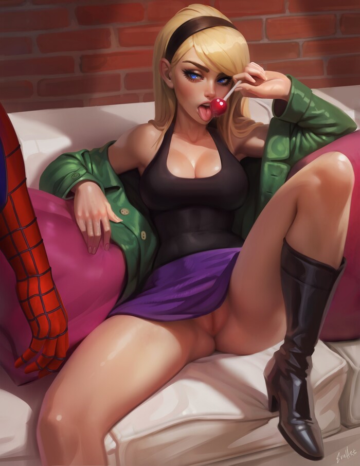 Gwen & Peter - NSFW, Art, Drawing, Marvel, Superheroes, Gwen Stacy, Peter Parker, Spiderman, Girls, Erotic, Without underwear, Upskirt, Booty, Anus, Labia, Crotch, Penis, Erection, Sperm, Boobs, Evulchibi