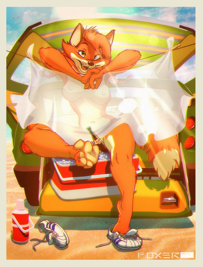 Patricia McShinnach - NSFW, Furry, Anthro, Furry fox, Boobs, Shines through, Beach vacation, Longpost