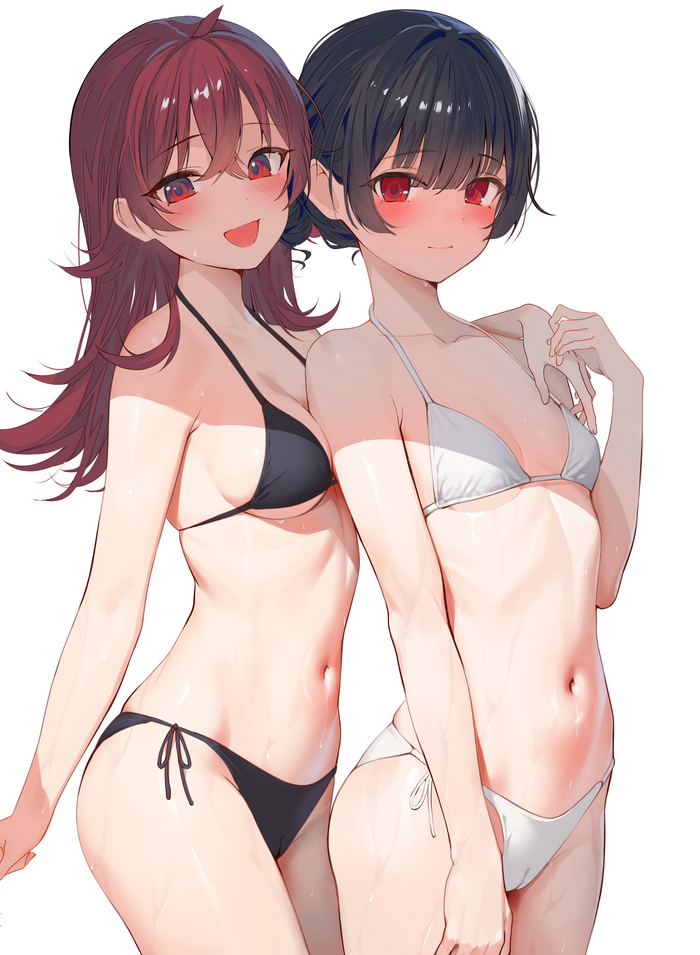 Girlfriends - NSFW, Anime, Erotic, Boobs, Booty, Anime art, Idolmaster shiny colors, Komiya Kaho, Morino Rinze, Swimsuit, Red eyes, Labia, Longpost