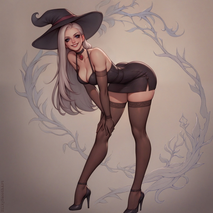 Witch - NSFW, My, Erotic, Boobs, Booty, Anime art, Neural network art, Stable diffusion, Art, Choker, Shoes, Stockings, Witches