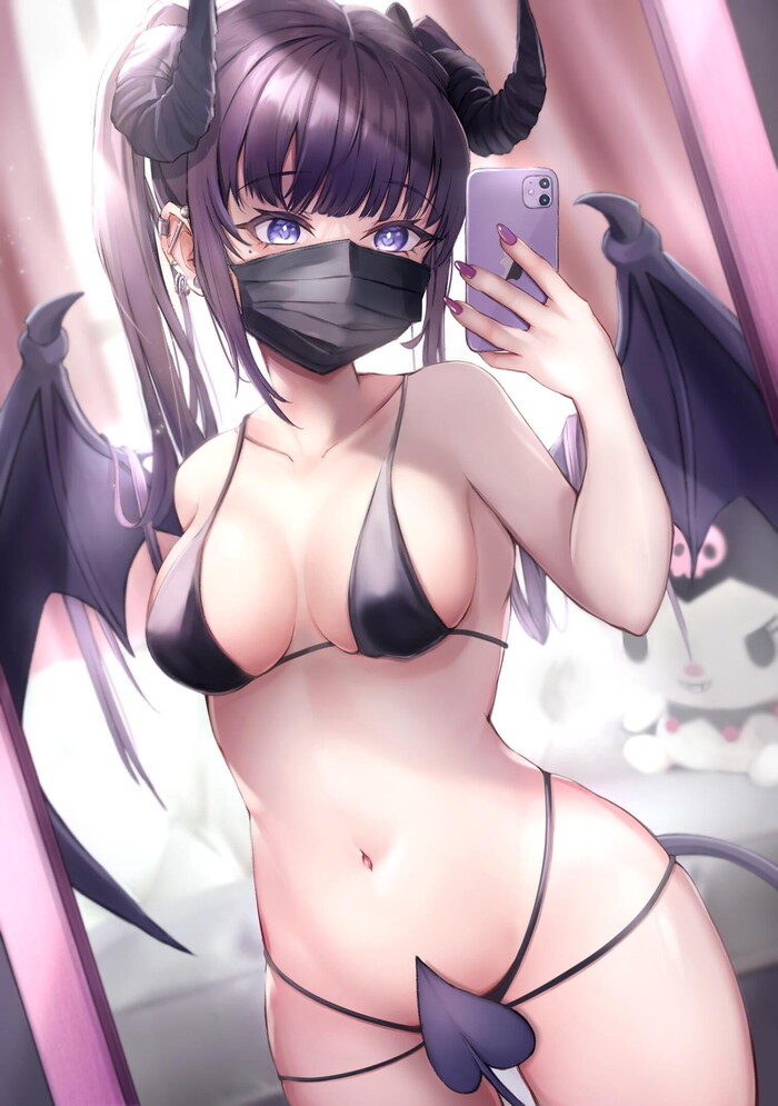 Taking pictures - NSFW, Succubus, Anime, Anime art, Wings, Girl with Horns, Boobs