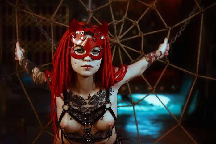 Red Fairy BDSM - NSFW, My, Erotic, Professional shooting, Models, The photo, Boobs, BDSM, Harness, Girl with tattoo, Mask, Playboy