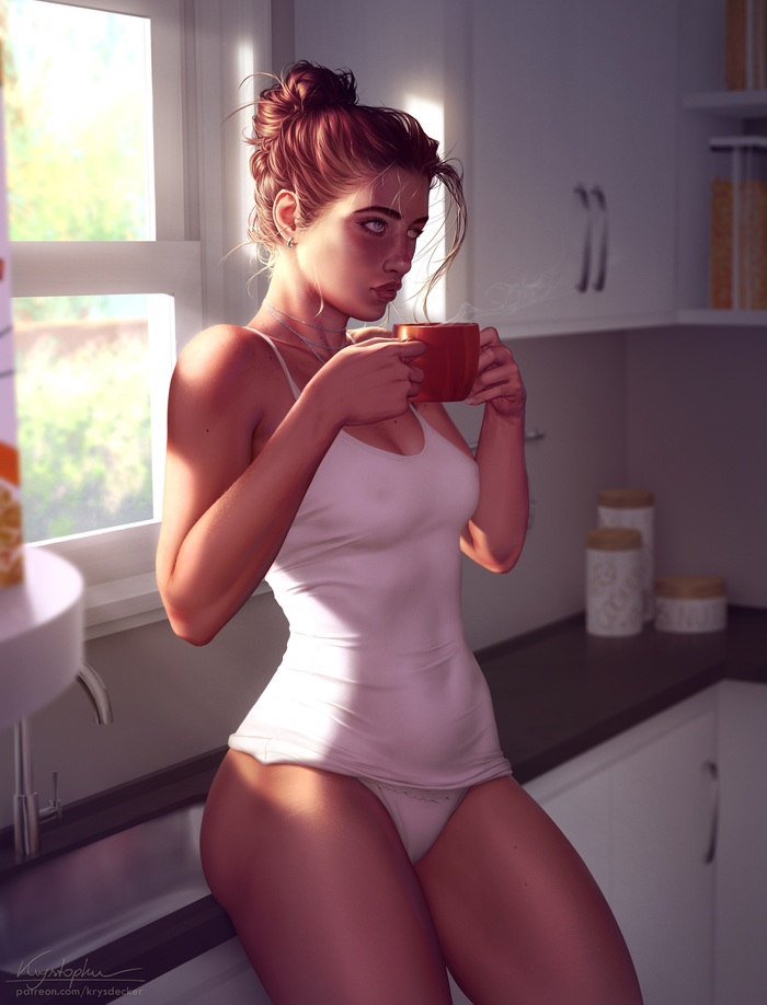 Morning Coffee (continued) - NSFW, Art, Drawing, Original character, Girls, Erotic, Hand-drawn erotica, Underwear, Boobs, Topless, Booty, Pubes, Morning, Coffee, Krysdecker, Longpost
