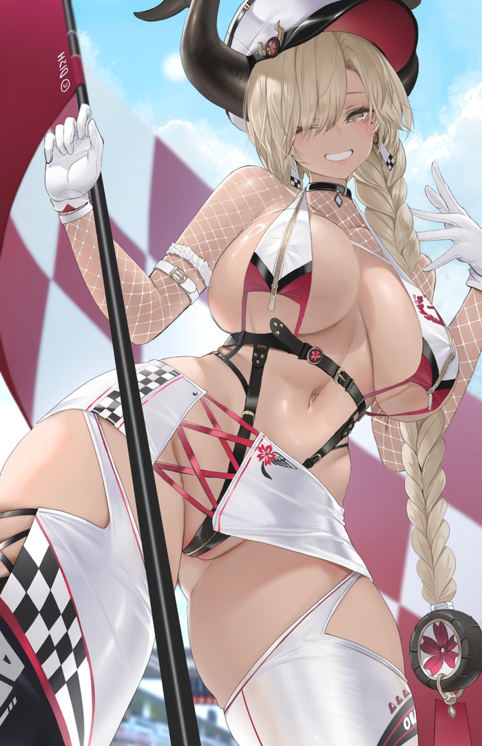 Owari - NSFW, Art, Anime art, Anime, Azur lane, Owari, Dishwasher1910, Boobs, Choker, Hips, Girl with Horns, Erotic, Hand-drawn erotica