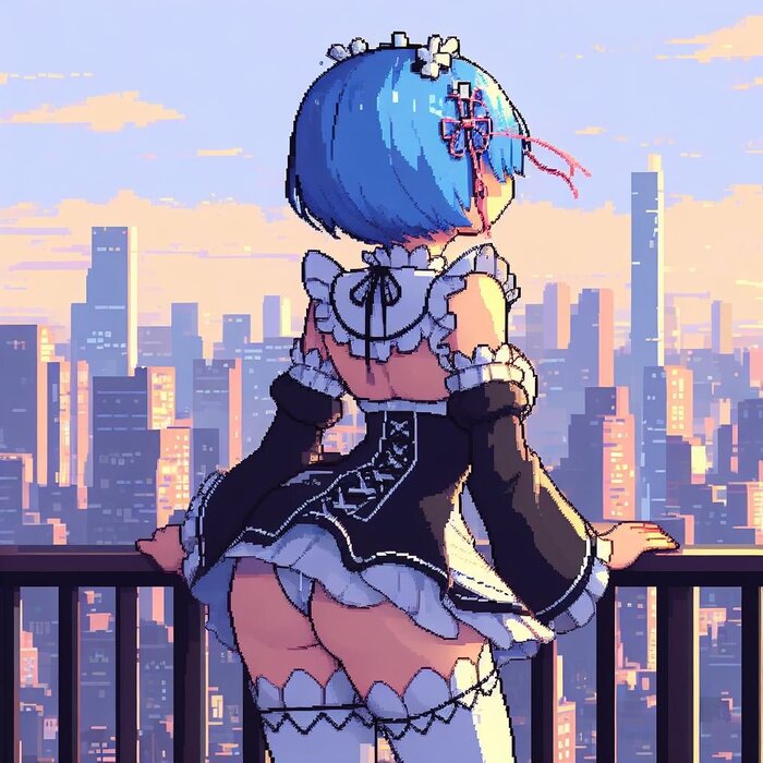 8-bit rem - NSFW, Rem (Re: Zero Kara), Re: Zero Kara, Underpants, Pantsu, Girls, 8 bit, Housemaid, Roof, Twitter (link)