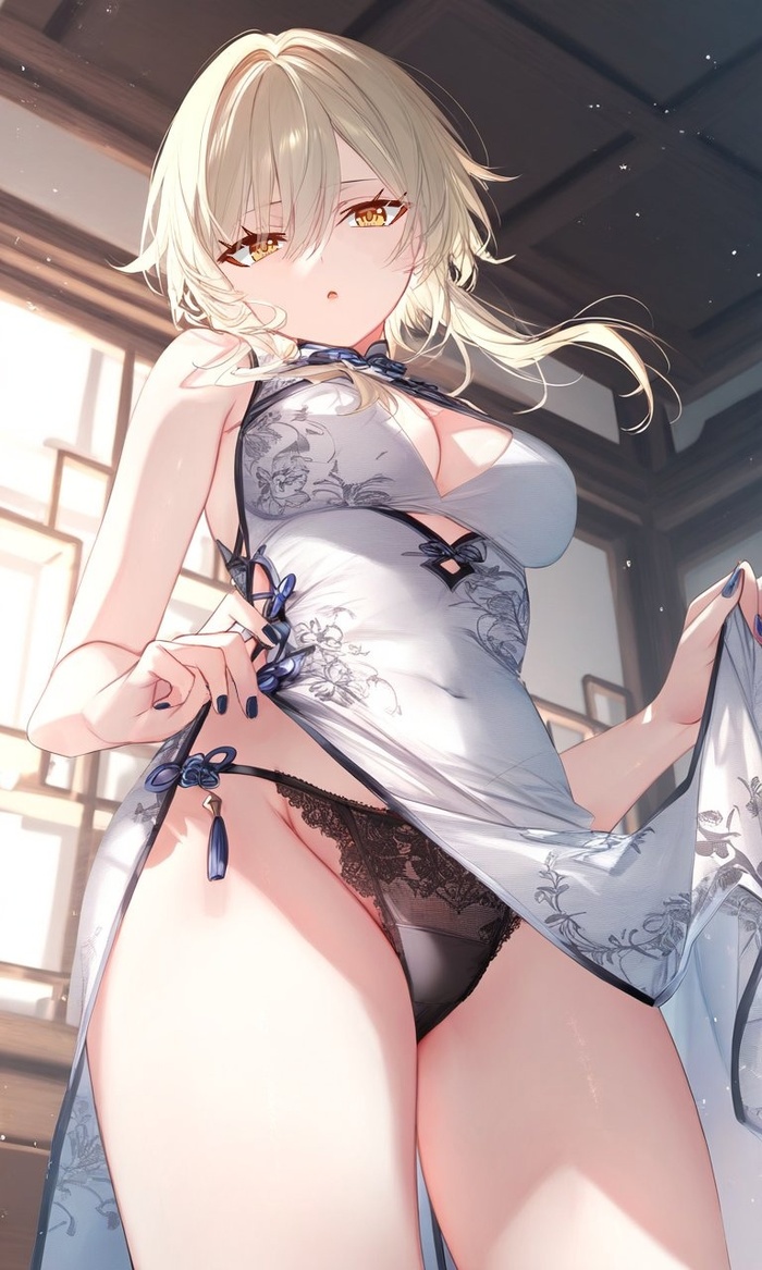 Luminka - NSFW, Anime art, Anime, Genshin impact, Lumine (Genshin Impact), Qipao, Pantsu, Twitter (link)