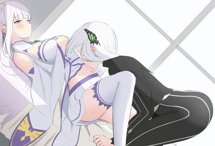 Witches bonding x - NSFW, Аниме, Сиськи, Anime Art, Чулки, Re:Zero Kara, Emilia, Echidna, Twitter (ссылка), Yuri