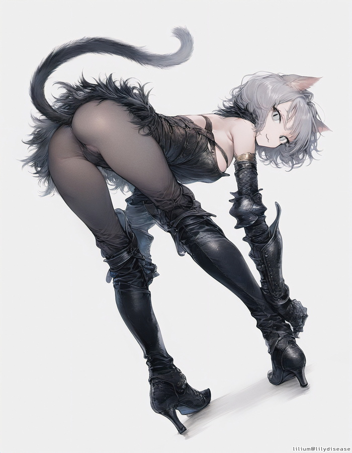 Cat Butt - NSFW, Anime art, Animal ears, Anime, Girls, Tail, Original character, Neural network art, Twitter (link)