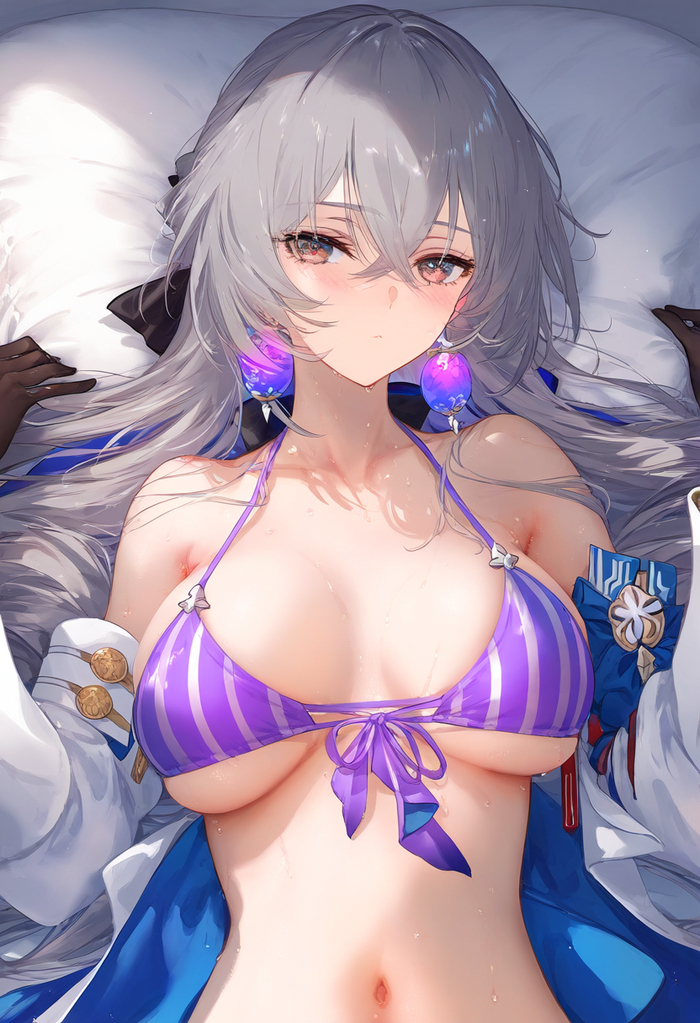 Lying with Armor - NSFW, Bronya (Honkai: Star Rail), Honkai: Star Rail, Pixiv, Anime, Anime art, Neural network art, Bra, Stomach, Navel, Boobs