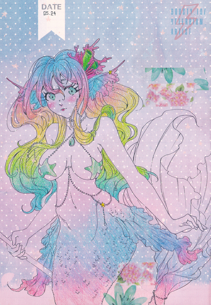 Mermai zhi - NSFW, My, Anime, Anime art, Original character, Mermaid, Traditional art