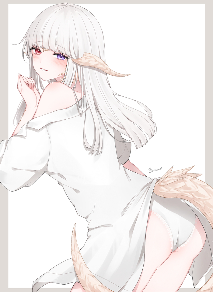 FFXIV - NSFW, Anime art, Anime, Final fantasy xiv, Au Ra, Girl with Horns, Tail, Booty, Pantsu, Heterochromia