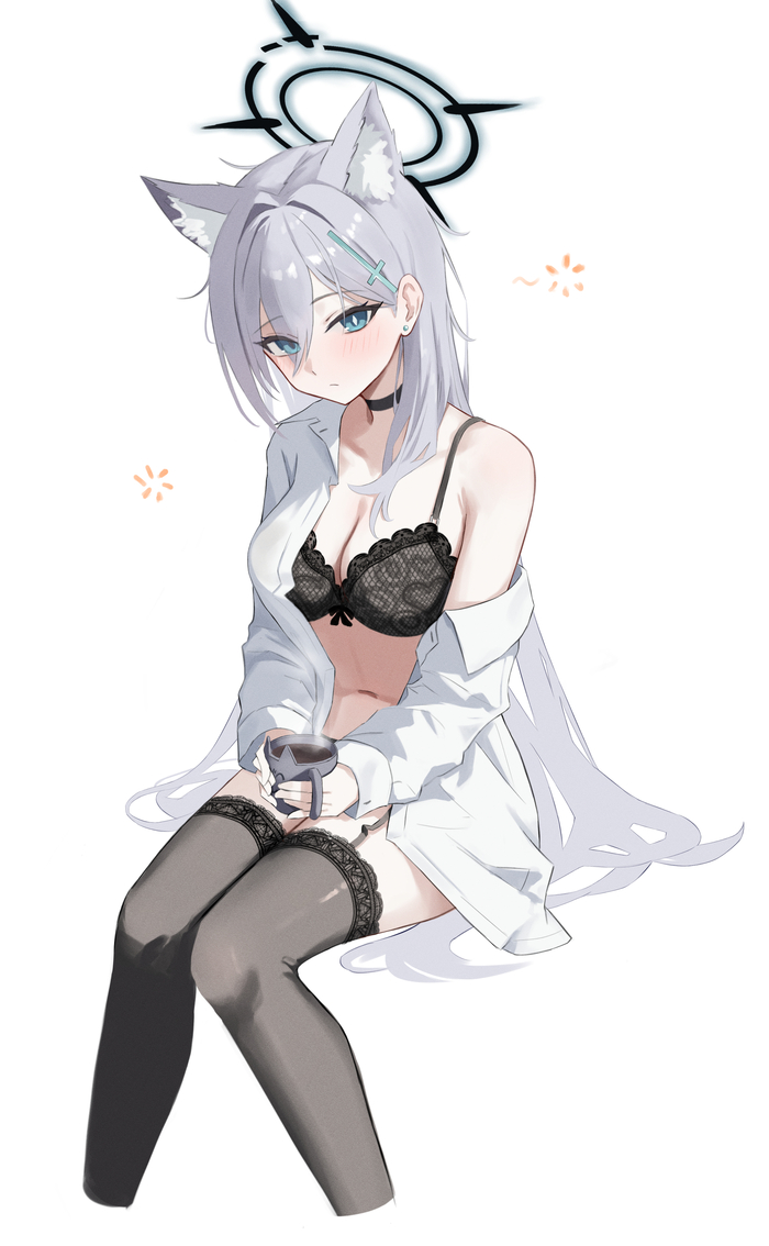 Shiroko - NSFW, Anime art, Anime, Blue archive, Shiroko Terror, Animal ears, Stockings, Bra, Choker