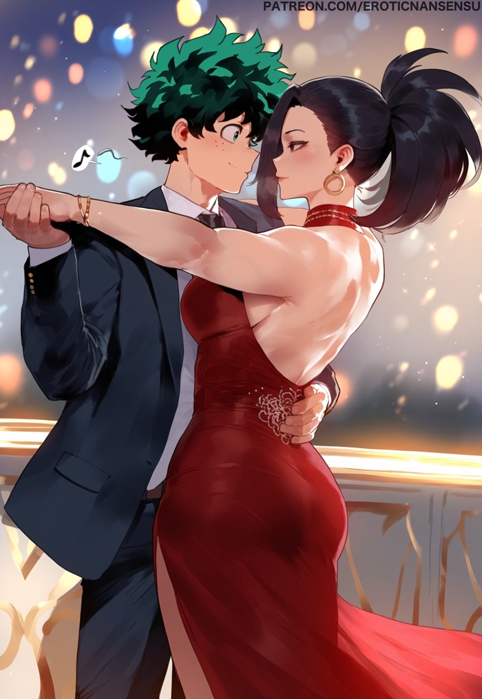 An evening for two - NSFW, Eroticnansensu, Art, Anime, Anime art, Hand-drawn erotica, Erotic, Boku no hero academia, Yaoyorozu momo, Midoriya izuku, Extra thicc, Longpost, Neural network art