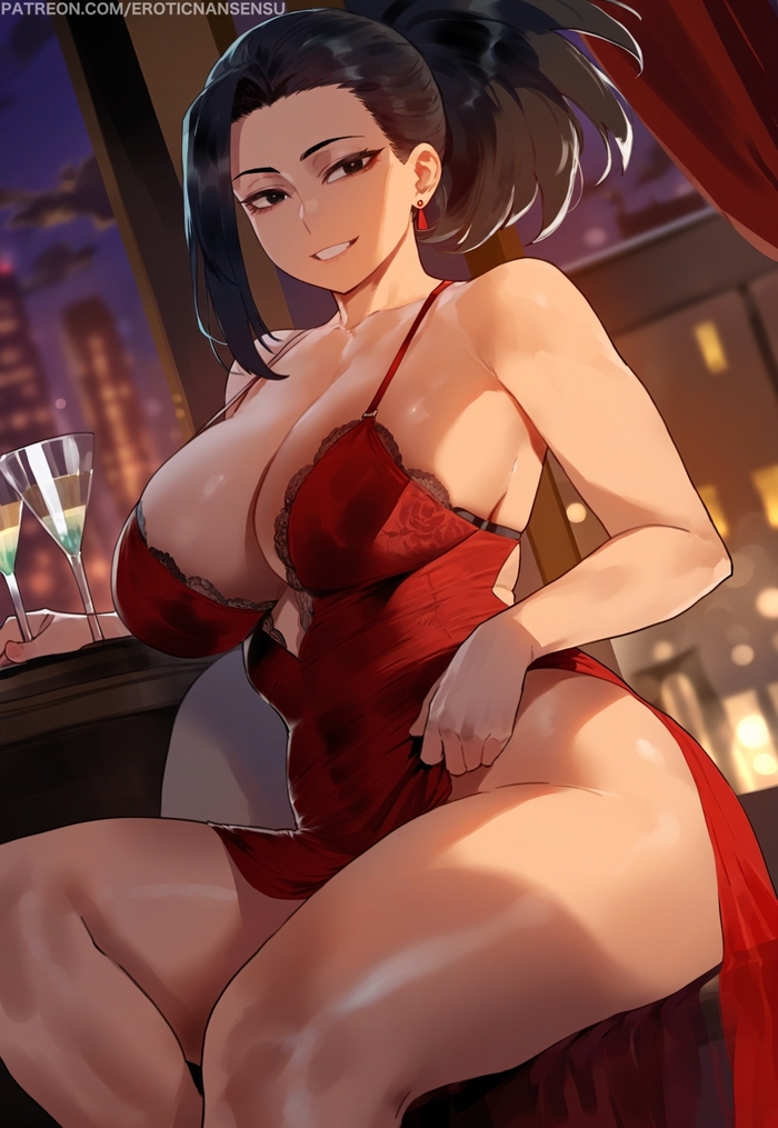 An evening for two - NSFW, Eroticnansensu, Art, Anime, Anime art, Hand-drawn erotica, Erotic, Boku no hero academia, Yaoyorozu momo, Midoriya izuku, Extra thicc, Longpost, Neural network art